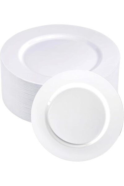 Generic Round Party Plates Disposable - Hard Plastic Reusable Dinner Plate Wh...