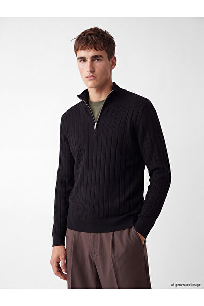 LC Waikiki Lcw Vision Black Knitwear Flat Collar Men's Sweater with Nevavm Di...