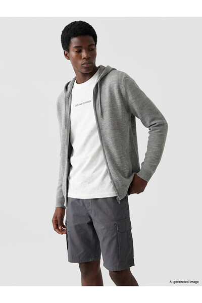 LC Waikiki Xside Gray Knitwear Plain Hooded Men's Cardigan with Nevavm Differ...