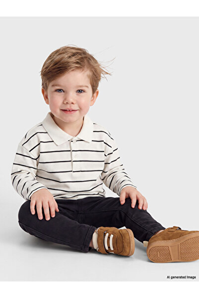 LC Waikiki Alita City Beige Pique Striped Loose & Loose Long Sleeve Boys' T-S...