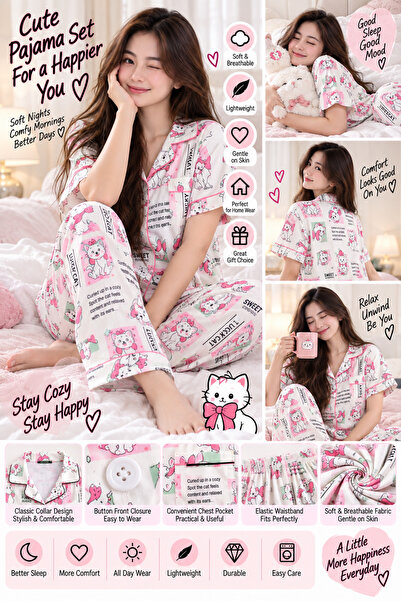 Lovisah Styles Women’s Cute Cat Print Pajama Set, 2-Piece Short Sleeve Button-Front Sleepwear with Collared Top and Long Pants, Printed Lounge Wear for Home