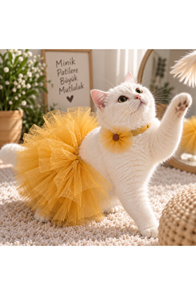 Ümmü decor Kedi Köpek Tütü Etek Kostüm – Sarı Tüllü Şık Pet Elbisesi & Çiçekl...