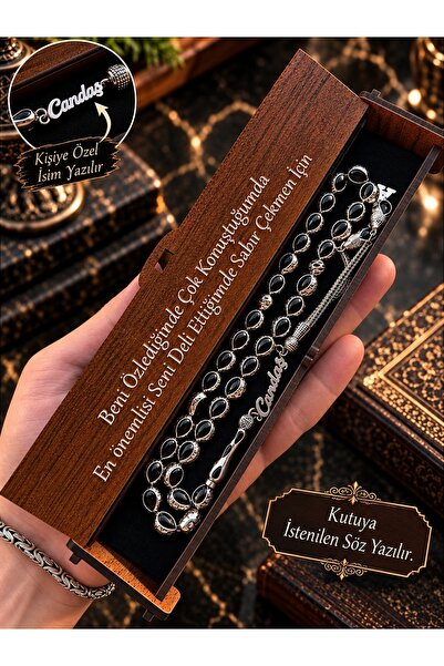 KANUNİ TESBİH Siyah Mine İşlemeli Harf Ve Gümüş İsim Detaylı Metal Tesbih
