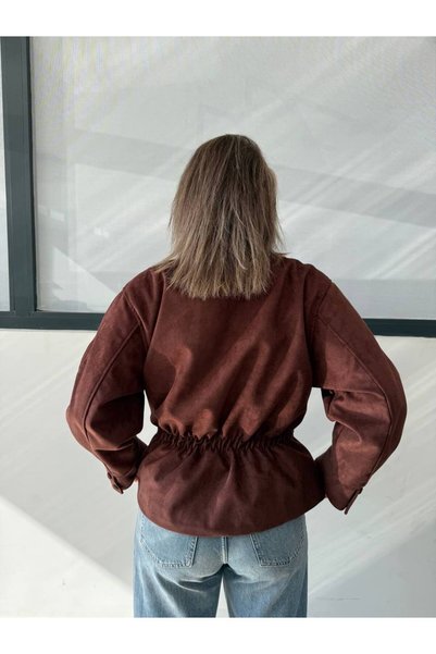 D'RECCY Women's Standing Collar Oversize Suede Jacket with Belt at the Waist