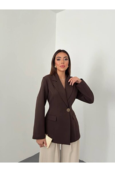 HOPIAN Kadın Kahverengi Tek Düğmeli Beli Oturan Blazer Ceket,,