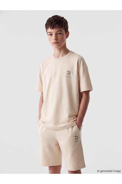 LC Waikiki Two Mt Shop Quality Lcw Kids Beige Oval Collar Printed Boys' T-Shirt