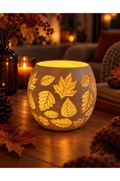 Sonbahar Yaprak Desenli Dekoratif LED Mumluk – Tealight Mumluk, LED Mum ve Pil Dahil