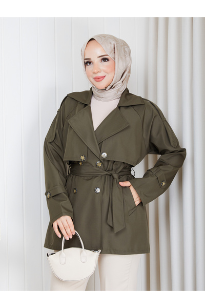 MİHRİZAR Women's Shoulder and Sleeve Detailed Buttoned Belted Jacket Long Tre...