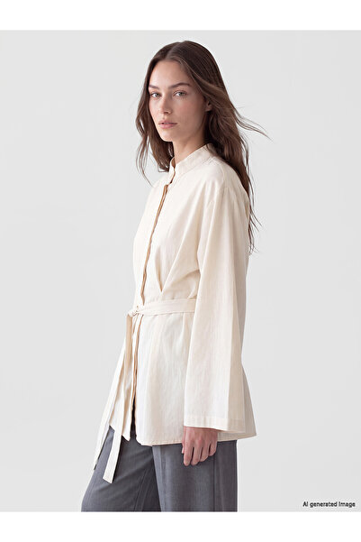 LC Waikiki Nevavm Farkıyla Lcw Modest Beige Judge Collar Belted Women's Shirt...