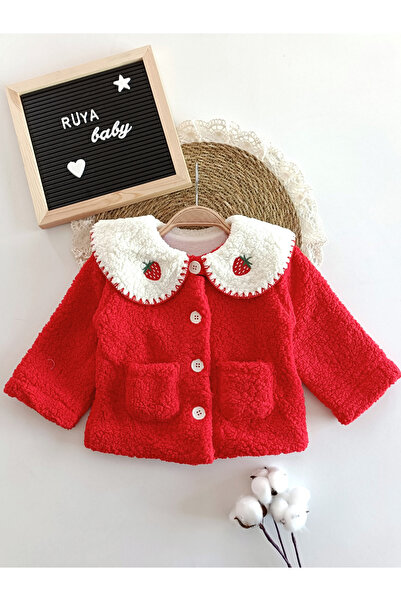 Genel Markalar Strawberry Peluş Fermuarlı Kız Bebek Hırka-KIRMIZI