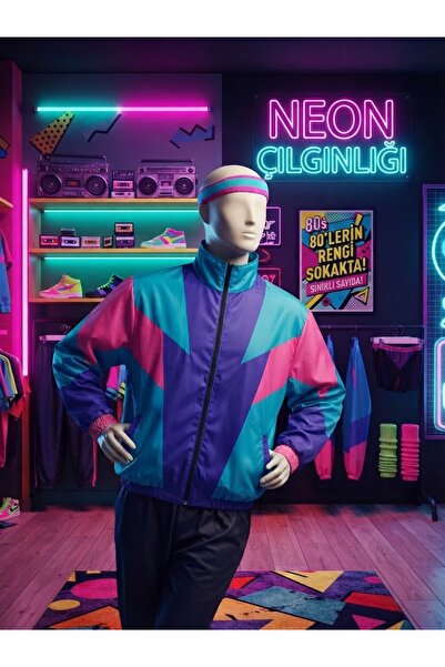 ATKGİYİM 1980'ler Retro Neon Renk Bloklu (Mor-Mavi-Pembe) Tasarım Unisex Rüzg...