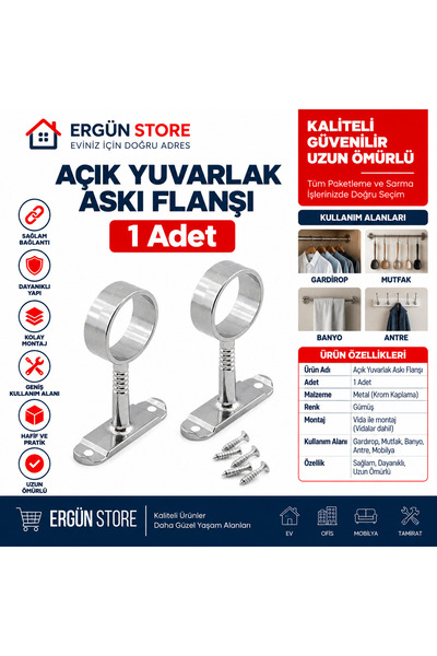 Ergün Store Yuvarlak Ayaklı Flanş Dolap İçi Halka Gardrop Elbise Askı Flanşı ...