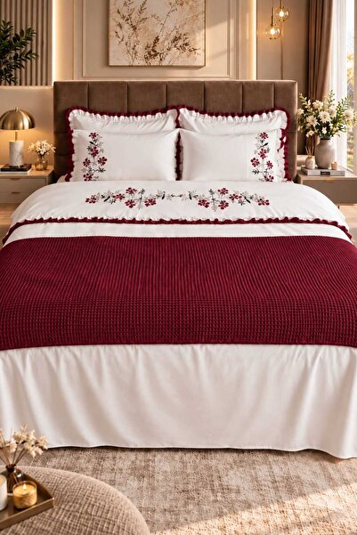 İK TEKSTİL Zerdal Flora Burgundy Embroidered 100% Cotton 7 Piece Modern Double Duvet Cover Set