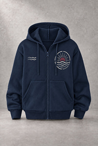 EVIus Unisex Sun Printed Three Yarn Combed Cotton Fabric Hooded Zippered Navy...
