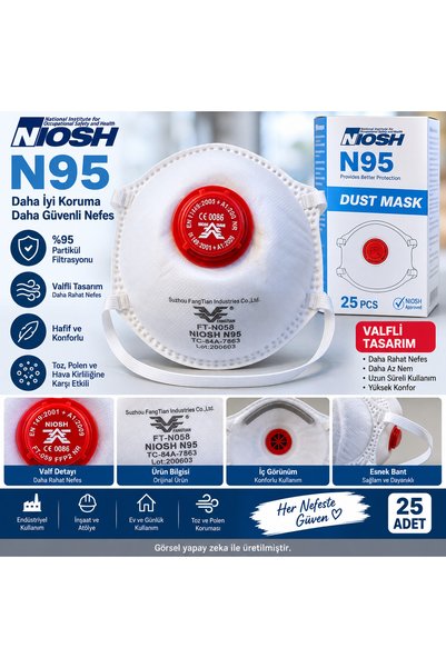 N95 Valfli Toz Maskesi NIOSH Partikül Filtreli Solunum Koruyucu Maske FT-N058 – 25 Adet