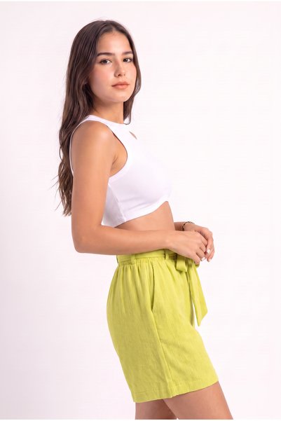 WeShaya Women's Oil Green Drawstring Belted Tie-Up Cotton Shorts with Elastic Waist Regular Fit