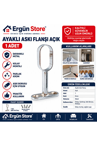 Ergün Store Oval Ayaklı Flanş Dolap İçi Halka Gardrop Elbise Askı Flanşı Boru...