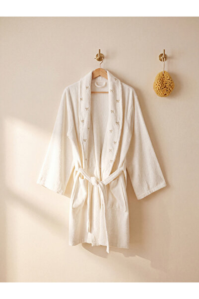 LC Waikiki Alita City Lcw Home Ecru Dobby Patterned Women's Bathrobe with a D...