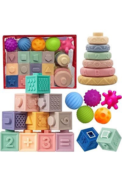 Beauenty 3 in 1 Montessori Toys for Babies, 23pcs Soft Silicone Building Bloc...