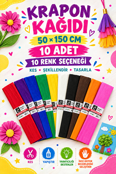 10 Renk Krapon Kâğıdı Seti 50 × 150 cm Canlı Renkler – El İşi, Okul ve Süsleme Kâğıdı, 10 Adet