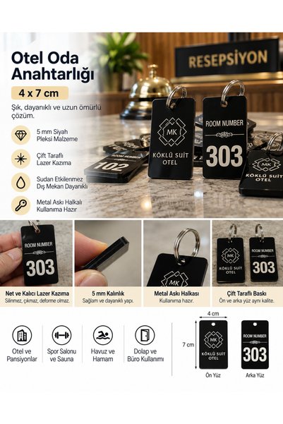 Genel Markalar 4x7 cm Siyah Pleksi Otel Oda Anahtarlığı - Çift Taraflı Lazer ...