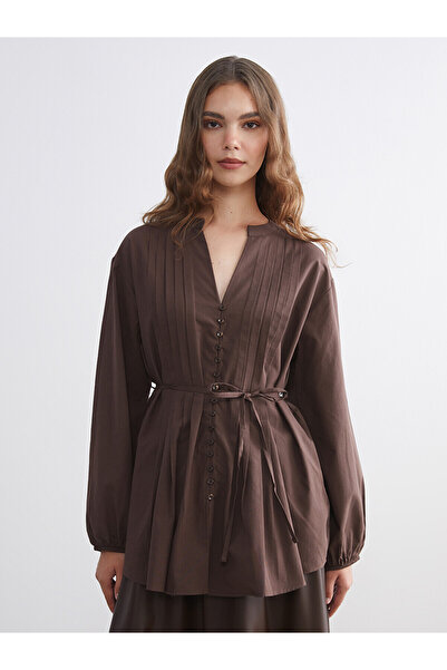LC Waikiki Nevavm Farkıyla Lcw Modest Brown Collared Belted Women's Shirt Tunic
