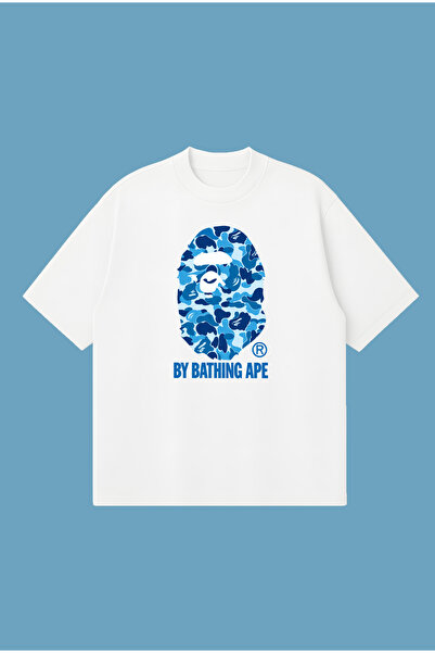 PURE POWER Bape Mavi Baskılı Oversize Boxy Kesim Unisex %100 Pamuklu Tshirt |...