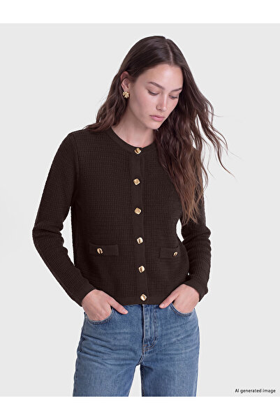 LC Waikiki Lcw Modest Brown Knitwear Plain Women's Cardigan with Nevavm Diffe...