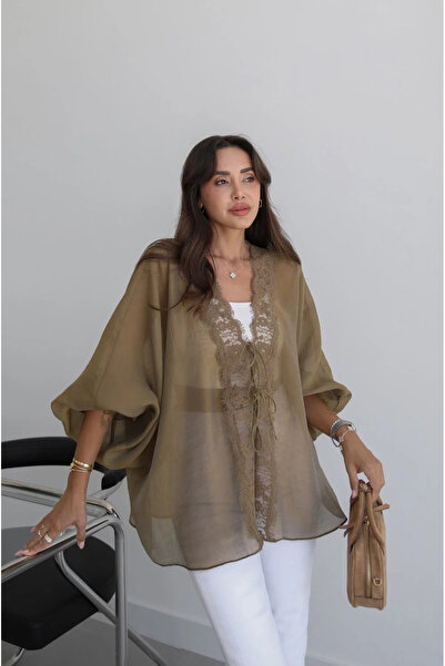 luzuze Women's Lace Detailed Tie-Up Oversize Blouse