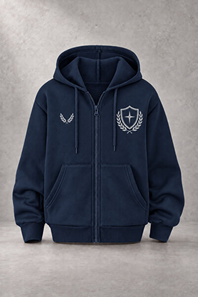 EVIus Unisex Shield Printed Three-Yarn Combed Cotton Fabric Hooded Zippered N...