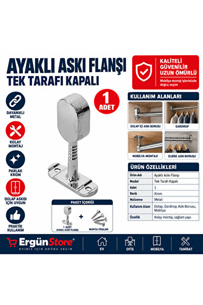 Ergün Store Oval Ayaklı Flanş Dolap İçi Halka Gardrop Elbise Askı Flanşı Boru...