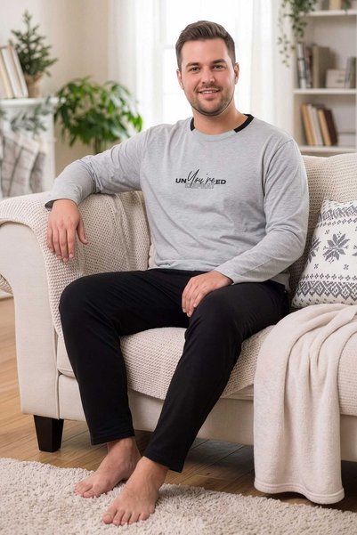 PİJAPİA Men's Long Sleeve Plus Size Pajama Set Gray 100% Cotton