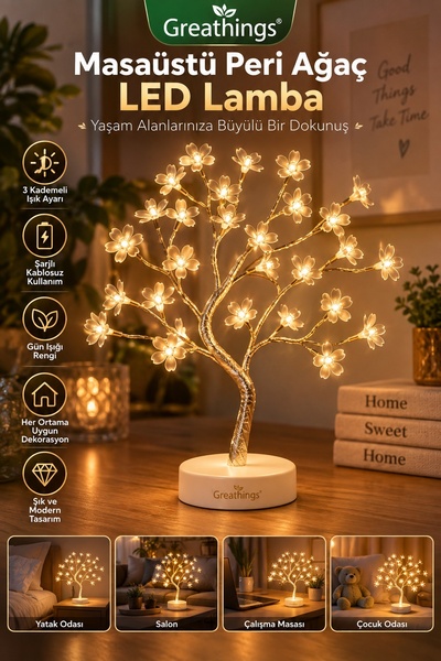 Greathings Masaüstü Peri Ağaç LED Lamba Gün Işığı 3 Kademeli Pilli USB Dekora...