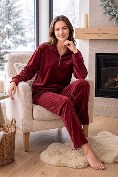 PİJAPİA Women's Lycra Zippered Long Sleeve Velvet Pajama Set Claret Red