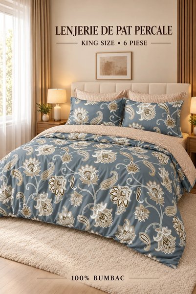 RALEX PUCIOASA Bedding Percale, 100% cotton, PRC197, King size — 6 pieces, 24...