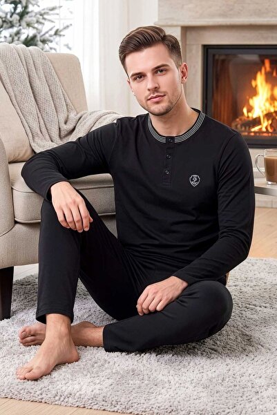 PİJAPİA Men's Buttoned Long Sleeve Pajama Set Black 100% Cotton