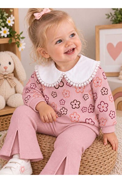 krm kerem bebe Baby Girl Floral Patterned Lace Collar Stylish Design Double S...