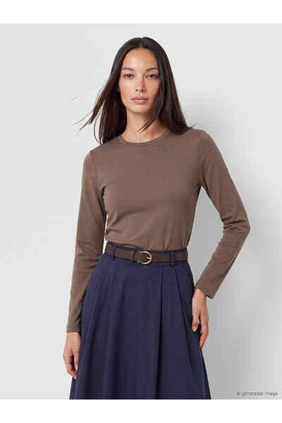 LC Waikiki Two Mt Shop Quality Brown Interlock Plain Narrow & Slim Long Sleev...