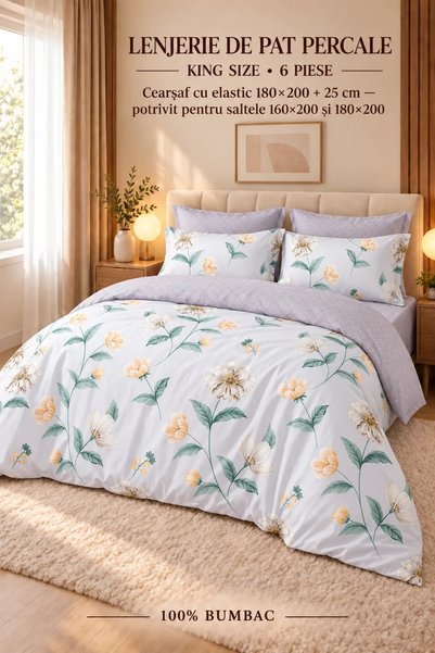 RALEX PUCIOASA Percale Bedding Set, 100% cotton, PRC192, King size with elast...