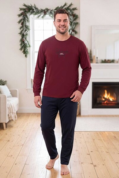 PİJAPİA Men's Long Sleeve Plus Size Pajama Set Claret Red 100% Cotton