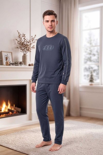 PİJAPİA Men's Long Sleeve Pajama Set Navy Blue 100% Cotton