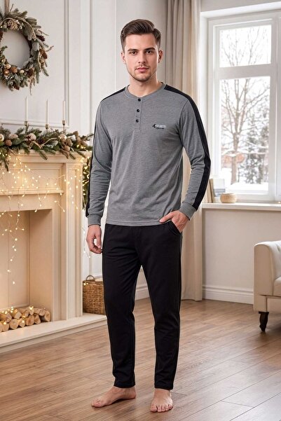 PİJAPİA Men's Buttoned Long Sleeve Pajama Set Gray 100% Cotton