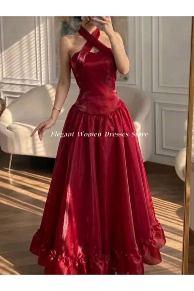 Heidi فستان سهرة أحمر خمري بقشة هالتر متقاطعة وتنورة واسعة بكشكش سفلي