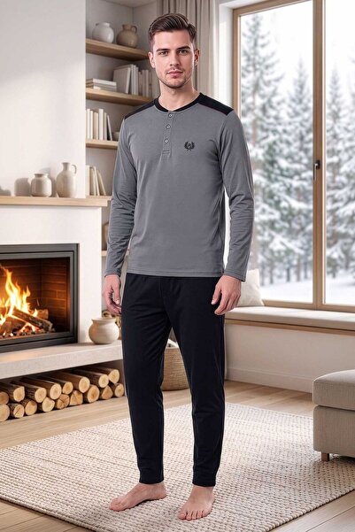 PİJAPİA Men's Buttoned Long Sleeve Pajama Set Gray 100% Cotton