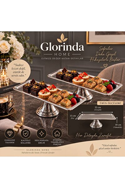 GLORİNDA HOME حامل تقديم فاخر مكون من قطعتين مستطيل الشكل بلون فضي للحلويات و...