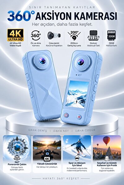 ACSTECH 360 Derece Aksiyon Kamerası X5 Pro | 4K Ultra HD | Çift Lensli Ön Ark...