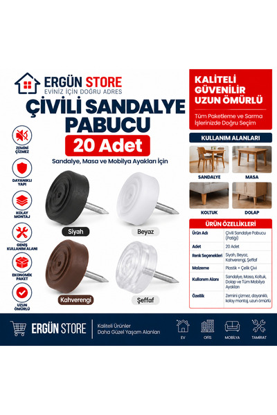 Ergün Store 20 Adet Çivili Poligrit Mobilya Masa Sandalye Zemin Koruyucu Şeff...