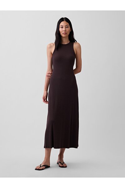 GAP Kadın Kahverengi Modern Fitilli Shelf-Bra Maxi Elbise