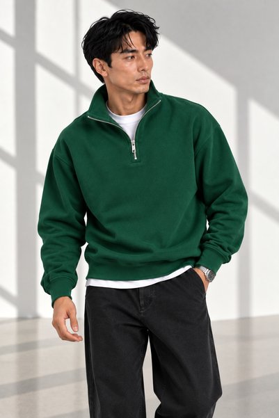 beuivo Unisex Half-Zipper Stand Collar 100% Cotton Soft Textured Sweatshirt Plain Pullover