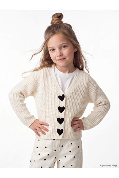 LC Waikiki Lcw Kids Ecru Knitwear Plain Girls' Cardigan with Nevavm Difference